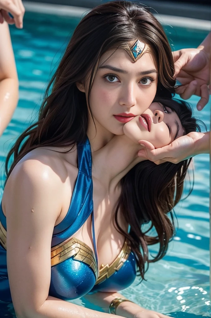 In the water,The Perfect Wonder Woman Costume,whole body,Head pressed under water,submerged in pool,drowning in swimming pool,Face submerged In the water,In the waterに潜る,Submerge your face In the water,In the swimming pool,Inside the fountain,Soaked In the water,Drenched Wonder Woman,Sleeping Face,close ~ Eye,open mouth,Tired face,Facing Suffering,Sleeping Face,Soak hair,wet hair,Wet,fight with men,surrounded by men,,caught between men,Licked by men,Entangled with men, Being attacked by a man,Being beaten by men,Bullied by boys,Sex by a man,Captured by a man,detained by a man、touch your face,、Hair being pulled hard,my head was grabbed,grab my head,Brown hair,  masterpiece、beautiful girl、漂亮的Eye、puffy Eye、best quality, 超high resolution, (Reality: 1.4), Movie Lighting,Super beautiful、beautiful skin、(超Reality的な)、(high resolution)、(8k)、(Very detailed)、(beautiful and 漂亮的Eye)、(Ultra Detailed)、 Delicate face、slanted banger hair、Brown hair、20 years old、Wonder Woman role-playing