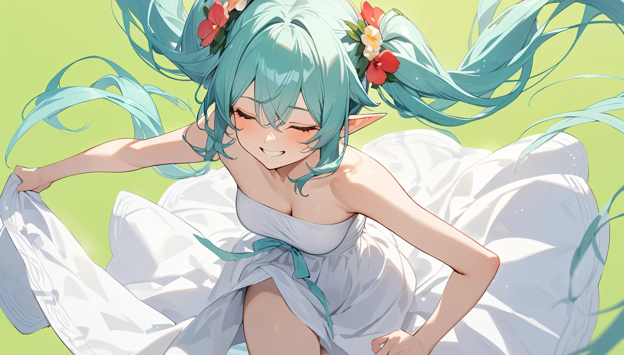 (masterpiece, highest resolution,highest quality ), 1 elven girl, ( bare breasts, thigh),  (aqua hair, twin tails ,very long hair , floating hair ), full body, hand on hip ,hair between eyes, multi colored hair, hair flower ornament ,(blush, smile, close  eyes), close mouth, summer dress,  white dress , strapless dress, (Open the front of the  dress chest very wide), large breasts, pointed ears, simple background,  light green background