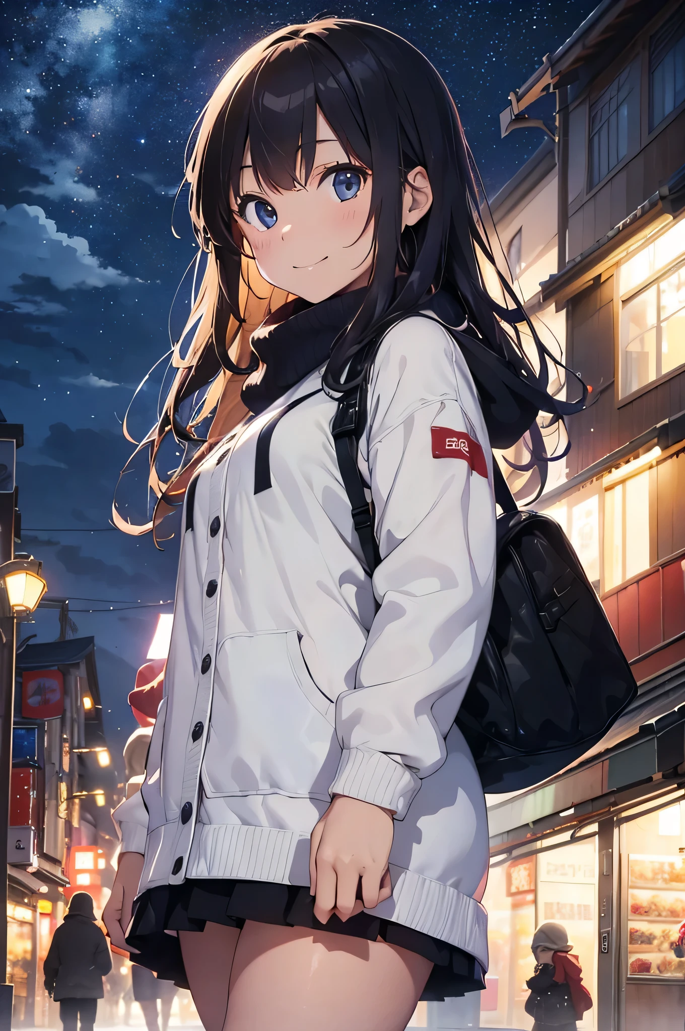 Christmas, Walking around town, girl with, 18year old, Smile, Wear winter clothes, Colorful illumination, masterpiece, top-quality, highly detailed anime, Well-formed face, Shining eyes, Balanced proportions, Dramatic Lighting, Night, Starry sky, Background of the Tokyo cityscape