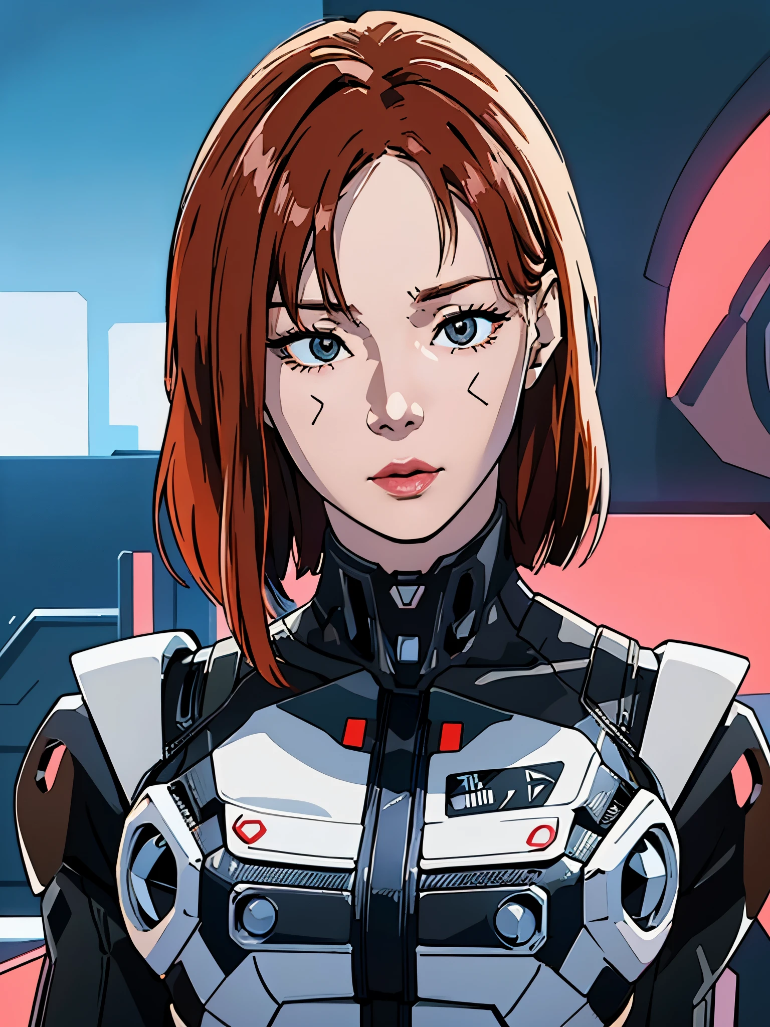 digital art drawing, illustration of (Winter from k-pop group aespa, short red hair with bangs, brown eyes, cyborg girl, android, droid, mecha, mechanical fusion, exoskeleton, metal robotic arms, artificial skin, evil look, wires and cables connecting to the head, neon details, cyberpunk 2077), anime drawing/art, bold linework, illustration, digital art, masterpiece, flat illustration, no shadows, 8k resolution, high detail, vector art, only anime, perfect eyes, perfect hands, perfect fingers, sharpness, high clarity, medium close up, high fidelity
