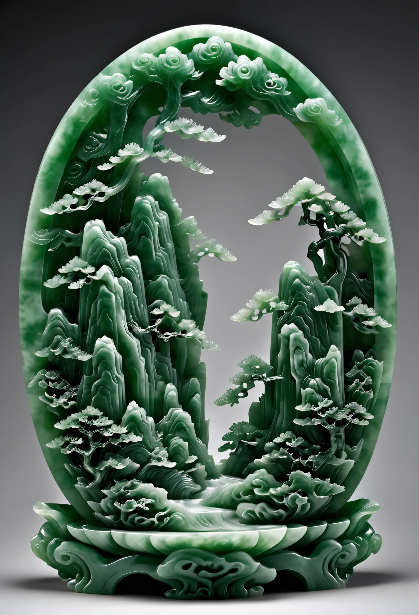 A jade sculpture depicting a serene landscape artwork, intricately carved with flowing rivers, towering mountains, and lush forests, all crafted from the exquisite beauty of jade. The jade artwork captures the essence of traditional Chinese landscape paintings, with delicate details and natural textures that evoke a sense of tranquility and harmony. The interplay of light and shadow on the jade surface enhances the depth and dimension of the mountainous terrain and the tranquil waters, creating a masterpiece of jade art that brings the beauty of nature to life in a unique and captivating way