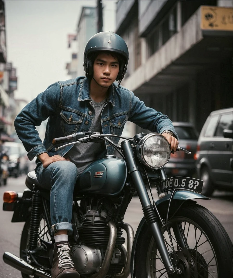 full body, wide shoot, street photography, retro portrait of an indonesian man 23 years old with helm riding an old motorbike, they are wearing denim jackets, wearing a shoes, ade santora style, riding a motorbike, looking at the camera.