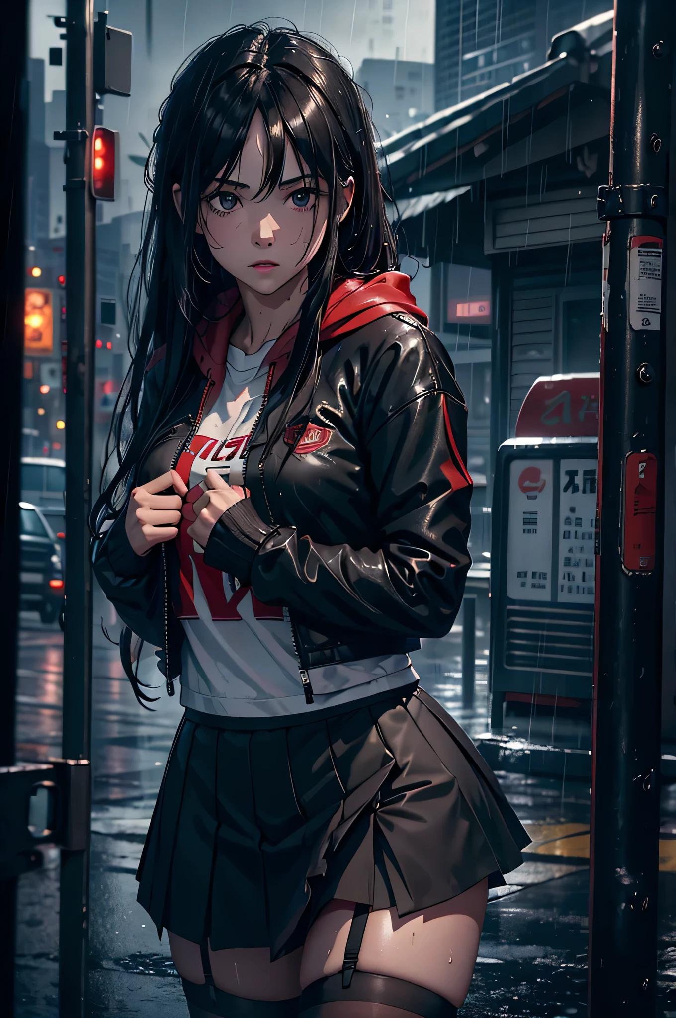 masterpiece, 1girl, solo, long hair, tattoos, jewelry, stockings, jacket, night street, multicolored hair, looking at viewer, intricate jacket, hair ornament, holding, cigarette, smoking, choker, riding boots, black choker, moonlight, detailed eyes, standing, from side, reflection, cloudy sky, wet hair (((masterpiece),(extremely detailed CG unity 8k wallpaper),best quality,,solo,1girl,cinematic lighting,detailed background,beautiful detailed eyes,bright pupils, (an extremely delicate and beautiful),(Beautiful and detailed eye description)， ultra-detailed,masterpiece,)),