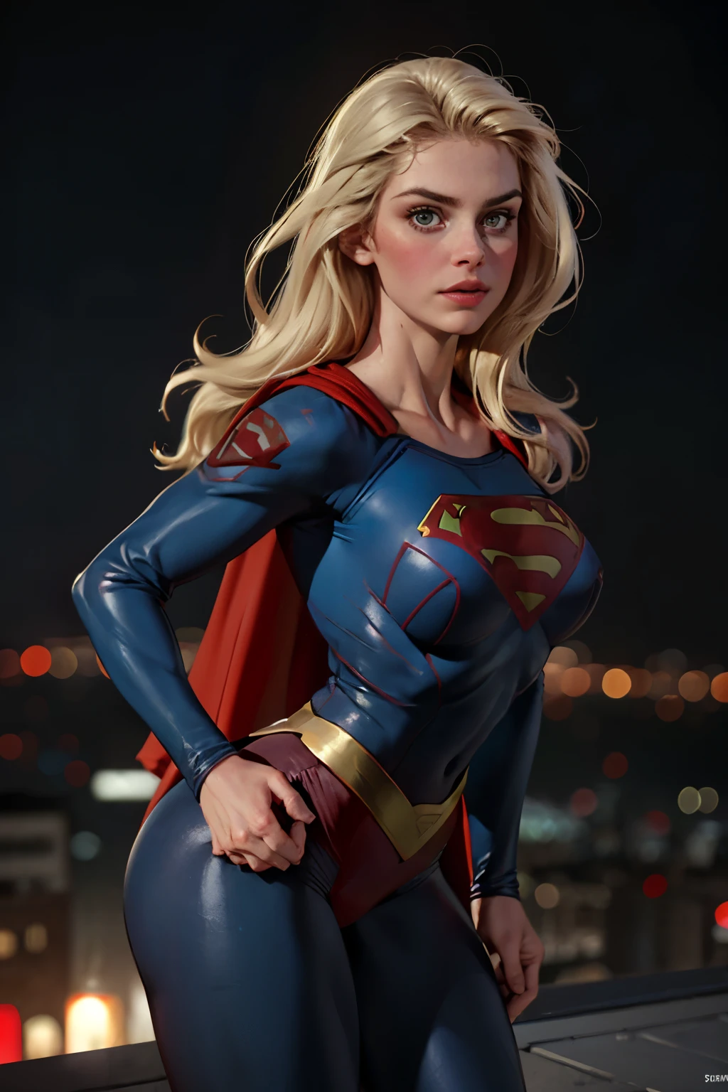 ((highest quality)), ((masterpiece)), (be familiar with), (High definition), (Realistic), (Realistic), (Best Shadow), Low contrast, (Complex:1.4), Side lighting, 8K, ((Helen Slator)), ((SUPER GIRL)), Perfect Face、Detailed、(Accurate hand and finger depiction)、supergirl women、Blonde、Voluptuous body、big breasts、Narrow waist、Big Ass、Alluring、glamorous、((On all fours))、Tokyo Tower、Night view