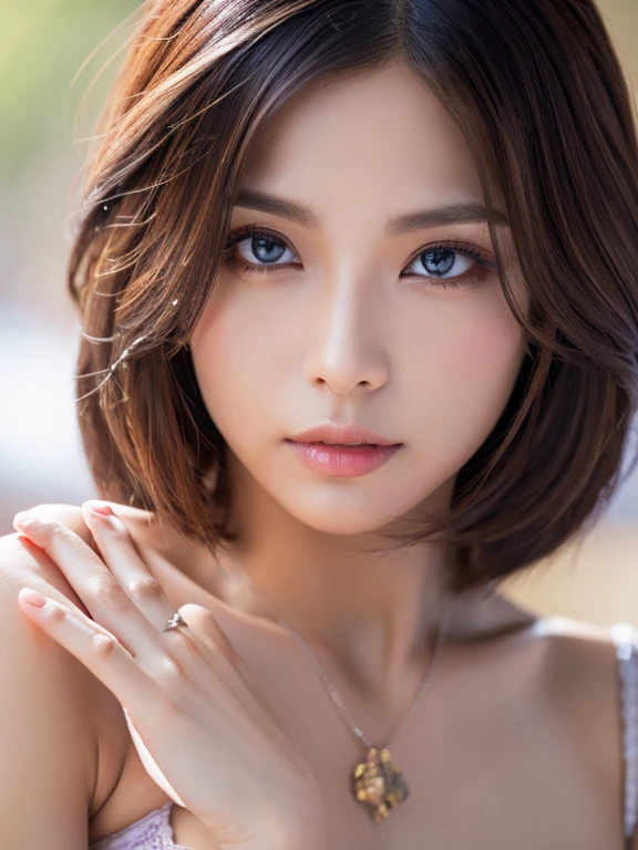 girl, high quality, Very detailedな, crazy details, 4k quality (Cinematic digital artwork: 1.3), high quality, 最high qualityの, Very detailed, shape, [4k digital art]、 Indiasug nr, (Sharp focus: 1.5), Written boundary depth, Bokeh, 4k 、High resolution, Very detailedな, Highly detailed CG Unity 8k wallpaper, Realistic, Photorealistic, Raw photo, beautiful and Detailed face, White skin, Realistic glowing skin, Detailed hair texture, Perfect body, healthy body、big breasts, Beautiful Face, Acura, Anatomically correct, highly Detailed face, Eye and skin texture, Natural neck length, (Beautiful Eyes), (Beautiful Hands), (Glowing Skin:1.2)、 Thin legs, knowledgeable person、Detailed face、Detailed Background、 (Live Action、Intricate details)、Dramatic Compensate、Compensate、eye make up、eyeliner、eye shadow、Lilac Contact Lenses、(Hand bra)、(Covering breasts with hands)、(Blonde)、(short hair)