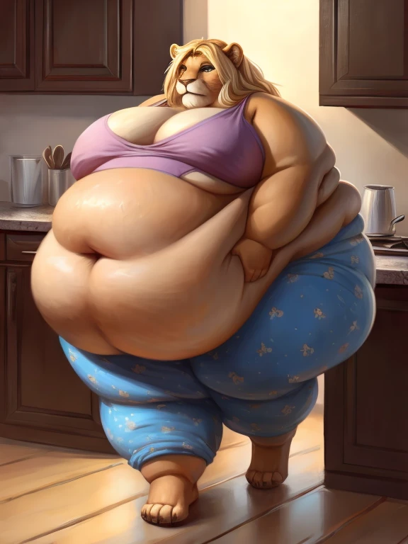 breathtaking oil painting, masterpiece, best quality, a morbidly obese anthro lion girl waddling in a kitchen, ((impossibly obese)), fat obese, lion, lioness, tail, large breasts, huge belly, wide hips, (fatfur), hyper fat, (enormous), (((obese))), blob, ((fat rolls, rolls,)), ((hyper obese)), furry, long hair, blonde hair, tired, small pajamas, exhausted, immobile, ((too fat to move)), waddling, walking, strechmarks, photorealistic oil painting, by charlie bowater, fine details, by wlop, trending on artstation, very detailed , very detailed,megafat, furry, fat, obese,fat_rolls, soft, obese, weight_gain, fattening, blue eyes,