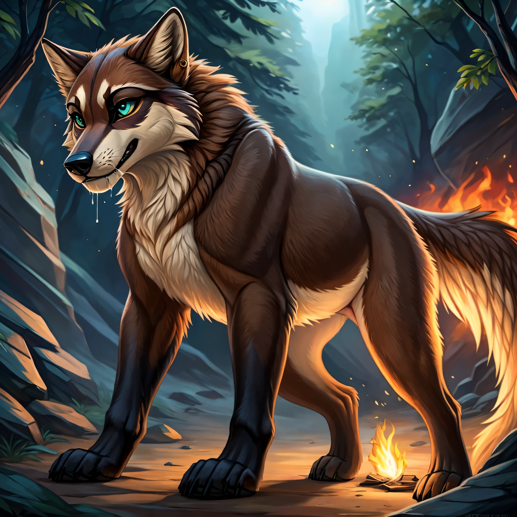 Imagine a character design for a 22-year-old female feral red wolf (Canis rufus) that perfectly captures a primal and authentic wild essence. Standing on all fours at 4'11", she showcases a thick, luxurious fur coat distinctly colored in the characteristic reddish, tawny brown of her species, with darker black markings tracing along her back. The fur lightens on her underparts, featuring shades of cream and beige around her chin, throat, and chest. Her tail, bushy and expressive, has the typical black tip of a red wolf.

Her snout is marked with a darker brown nose, and the fur transitions to beige on her lower jaw, with a lighter streak extending over her forehead and nasal bridge. Her captivating eyes are framed by deep, near-black eye cavities, featuring striking light green irises and black pupils, naturally enhancing her intense, wild gaze. A bold gold tongue stud piercing adds a touch of fierce independence to her appearance.

Her paws are solidly brown, contrasting with the vibrant tones of her body fur. Her long, fluffy striped tail is an emotional indicator, wagging with joy or drooping in sadness, responsive to her moods. Her ears, tuned to the slightest sounds, feature dark-brown inner fur and a beige outer rim. Her sensitive nose is adept at picking up the myriad scents of her environment, critical for her survival.

In her purely feral state, she wears no clothes, embodying the raw, untamed spirit of the wild red wolf. Despite her formidable exterior, she is highly adaptable, with survival skills honed from a raccoon-influenced past, including exceptional agility and resourcefulness in scavenging.

Leading a nomadic, homeless existence, she navigates life with resilience and a touch of vulnerability. By night, she utilizes her superior vision and hearing, thriving under the cover of darkness. Feral, zoophillia, beastiality, nsfw, sexy background: outside drooling primal