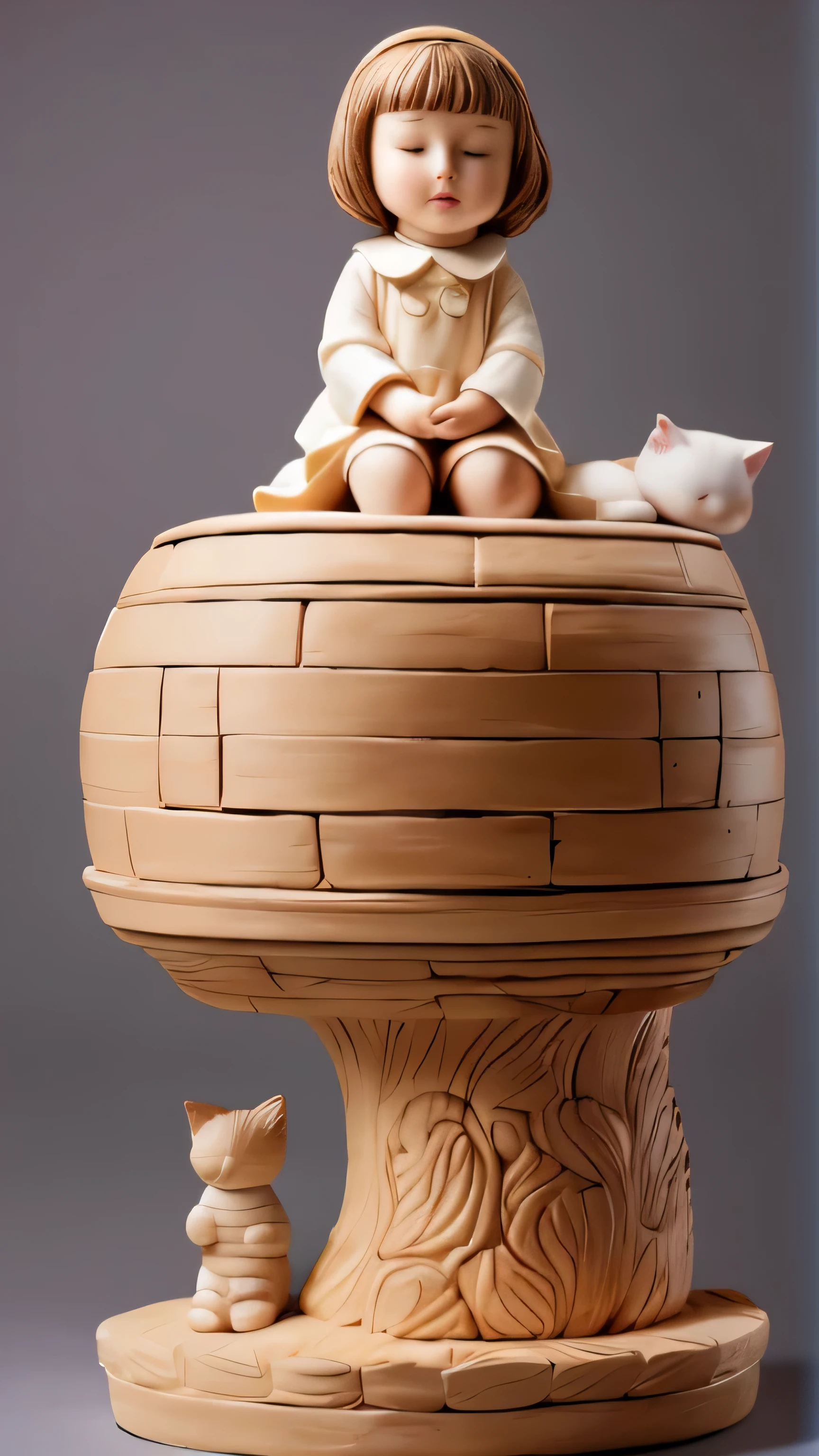 Refine all details textures (best quality, high resolution, ultra-detailed), global light, neutral background, a sculpture resine toy a giant cat with a girl sleepping on the giant cat's neck. The littl is riding in the gigantic cat's cell. Style collectible toys, art toys, art toys on a pedestal.