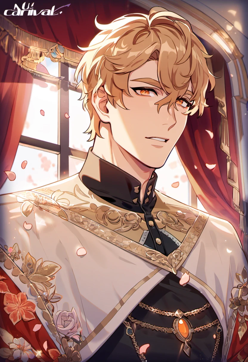 absurdres, highres, ultra detailed, HDR, master piece, best quality, Quincy, blond messy short hair, expressive orange eyes, Nu Carnival, 1man, sexy, handsome, black fantasy clothes, window, red curtains, petals, flowers 