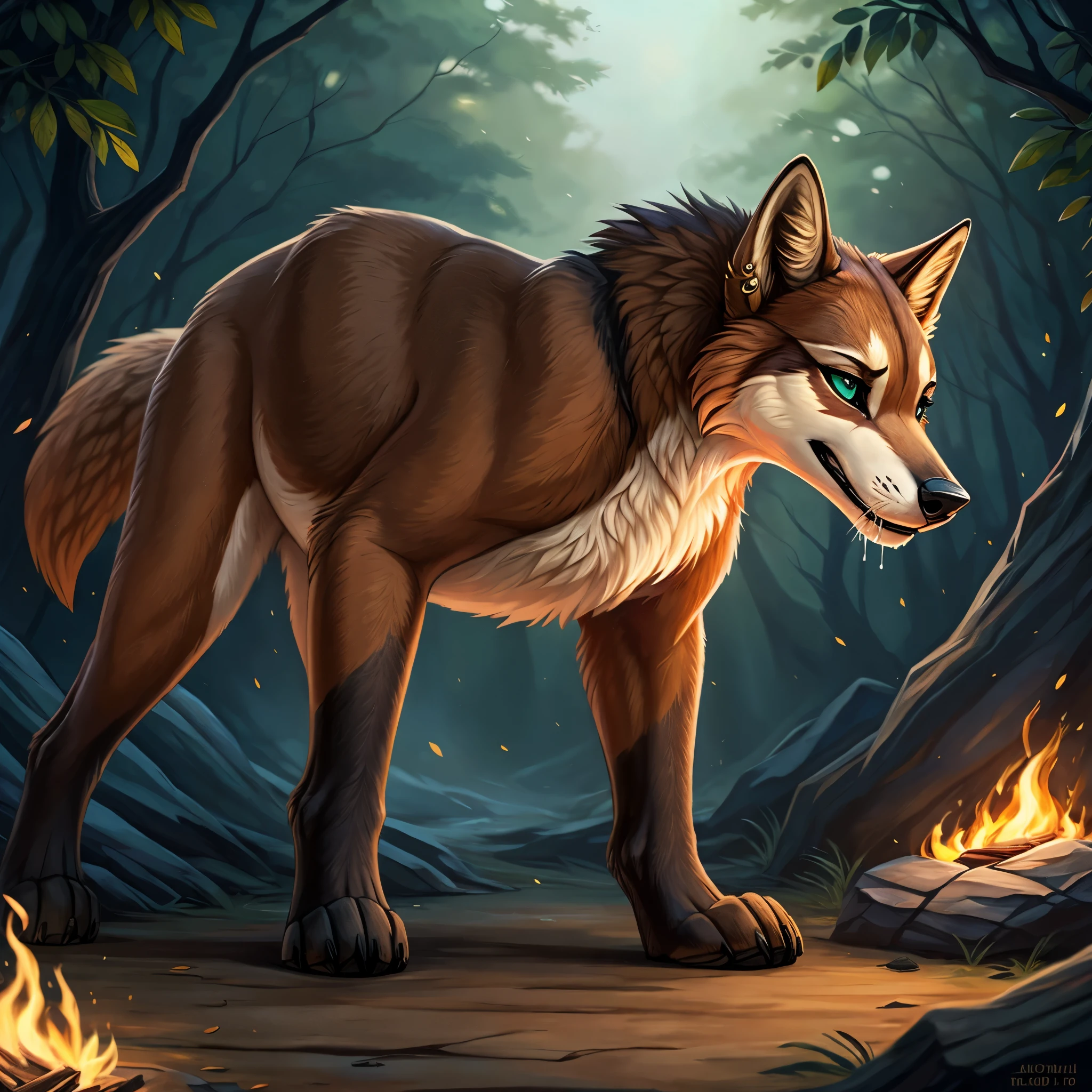 Imagine a character design for a 22-year-old female feral red wolf (Canis rufus) that perfectly captures a primal and authentic wild essence. Standing on all fours at 4'11", she showcases a thick, luxurious fur coat distinctly colored in the characteristic reddish, tawny brown of her species, with darker black markings tracing along her back. The fur lightens on her underparts, featuring shades of cream and beige around her chin, throat, and chest. Her tail, bushy and expressive, has the typical black tip of a red wolf.

Her snout is marked with a darker brown nose, and the fur transitions to beige on her lower jaw, with a lighter streak extending over her forehead and nasal bridge. Her captivating eyes are framed by deep, near-black eye cavities, featuring striking light green irises and black pupils, naturally enhancing her intense, wild gaze. A bold gold tongue stud piercing adds a touch of fierce independence to her appearance.

Her paws are solidly brown, contrasting with the vibrant tones of her body fur. Her long, fluffy striped tail is an emotional indicator, wagging with joy or drooping in sadness, responsive to her moods. Her ears, tuned to the slightest sounds, feature dark-brown inner fur and a beige outer rim. Her sensitive nose is adept at picking up the myriad scents of her environment, critical for her survival.

In her purely feral state, she wears no clothes, embodying the raw, untamed spirit of the wild red wolf. Despite her formidable exterior, she is highly adaptable, with survival skills honed from a raccoon-influenced past, including exceptional agility and resourcefulness in scavenging.

Leading a nomadic, homeless existence, she navigates life with resilience and a touch of vulnerability. By night, she utilizes her superior vision and hearing, thriving under the cover of darkness. Feral, zoophillia, beastiality, nsfw, sexy background: outside drooling primal