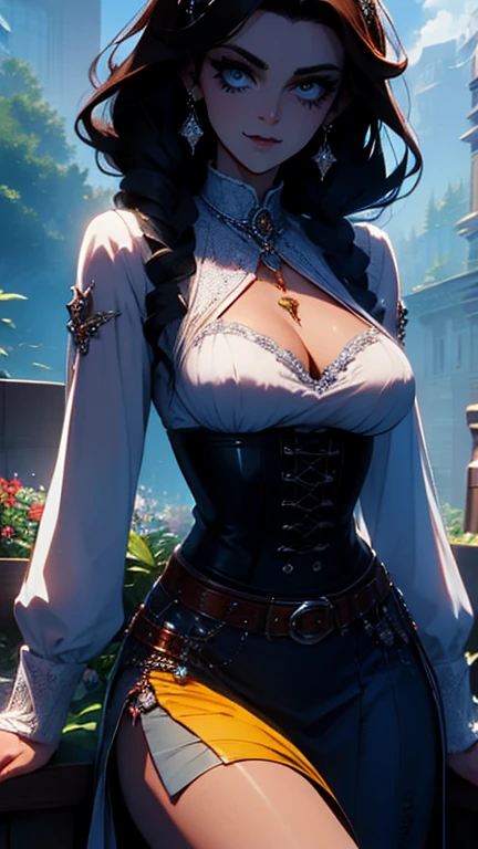 n closeup of a woman wearing a corset dress, armadura de oro y cobre, mechanic, punk doll, banda de oro alrededor de sus pechos,