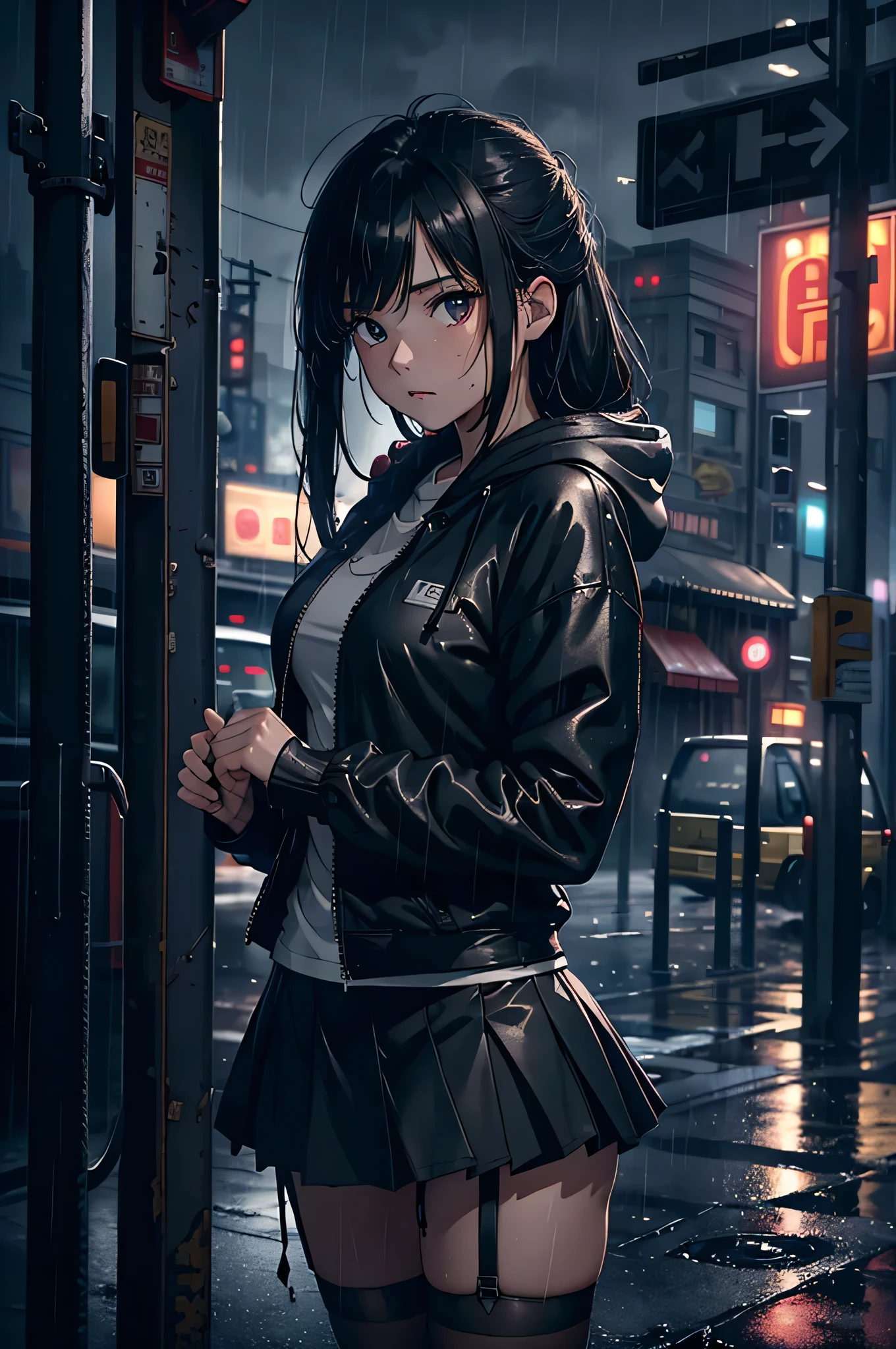 masterpiece, 1girl, solo, long hair, tattoos, jewelry, stockings, jacket, night street, multicolored hair, looking at viewer, intricate jacket, hair ornament, holding, cigarette, smoking, choker, riding boots, black choker, moonlight, detailed eyes, standing, from side, reflection, cloudy sky, wet hair (((masterpiece),(extremely detailed CG unity 8k wallpaper),best quality,,solo,1girl,cinematic lighting,detailed background,beautiful detailed eyes,bright pupils, (an extremely delicate and beautiful),(Beautiful and detailed eye description)， ultra-detailed,masterpiece,)),