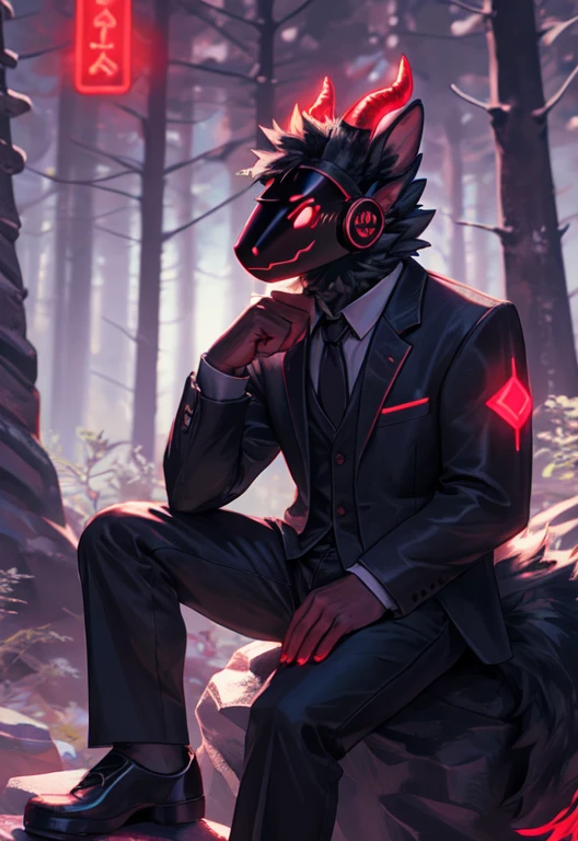 Protogen, furry art, masterpiece, great anatomy, black fur, neon red details, detailed background, fluffy tail, male, wearing a light red business suit and black formal pants, solo, big forest, sitting on a rock, detailed, red sharp oni horn, relaxed.