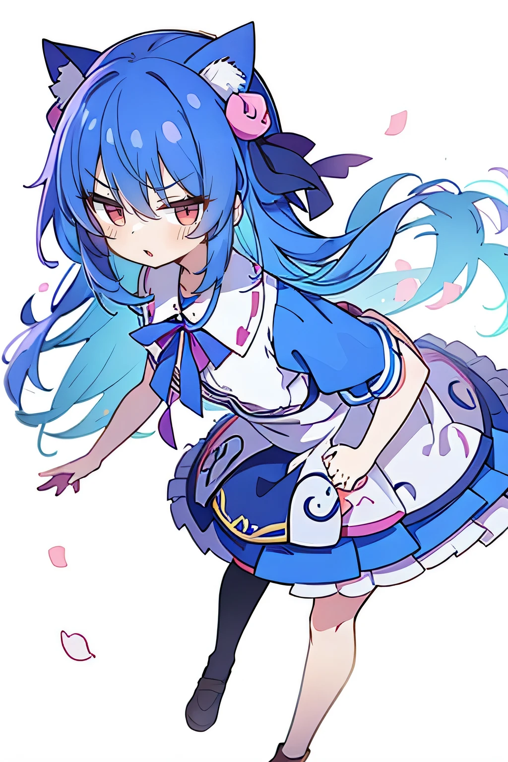 (masterpiece),best quality, expressive eyes, perfect face, 1girl,
Put your hands on your waist,fair, Gorgeous,Japanese cartoons,girl,lola,Hina Angel, blue hair, blue haired, floating clothes,Grab your waist, Grab your waist, hands on hips , hands on hips,sit, sit on ground, Legs on the ground, flat chest,cat ears,Petals fall,