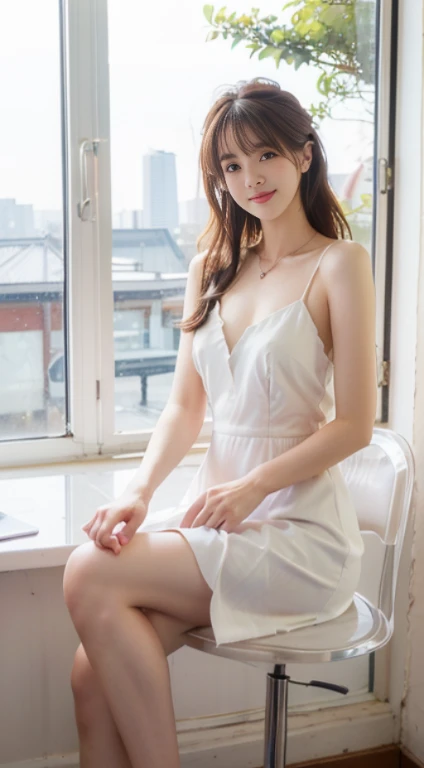 (higher resolution, distinct_image) The best quality, a woman, masterpiece, highly detailed, semi realistic, 26 years old, beautiful, young, handsome, interlaced white blue dress, small gem necklace on neck, exterior, cafe seat, window, sitting, afternoon, blush, smiling