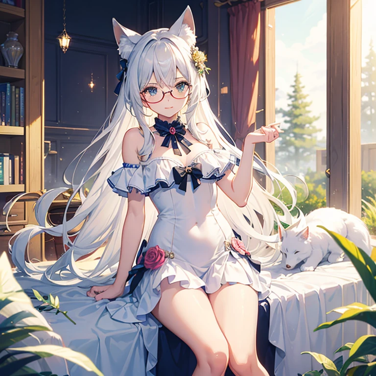 ((Best quality)), ((masterpiece)), (detailed), This is a perfect face,Swimsuit, White Fox Girl,touch fox, Liveliness. Carefree happy joy bokeh background. Quiet aesthetics. Soft lighting. artistic lighting. Amused,Gold frame glasses