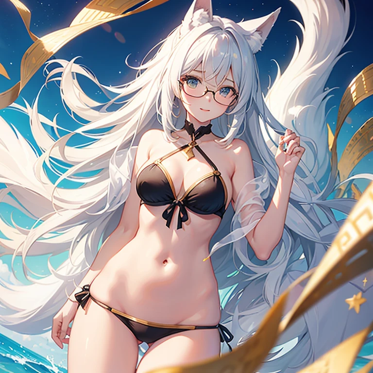 ((Best quality)), ((masterpiece)), (detailed), This is a perfect face,Swimsuit, White Fox Girl,touch fox, Liveliness. Carefree happy joy bokeh background. Quiet aesthetics. Soft lighting. artistic lighting. Amused,Gold frame glasses