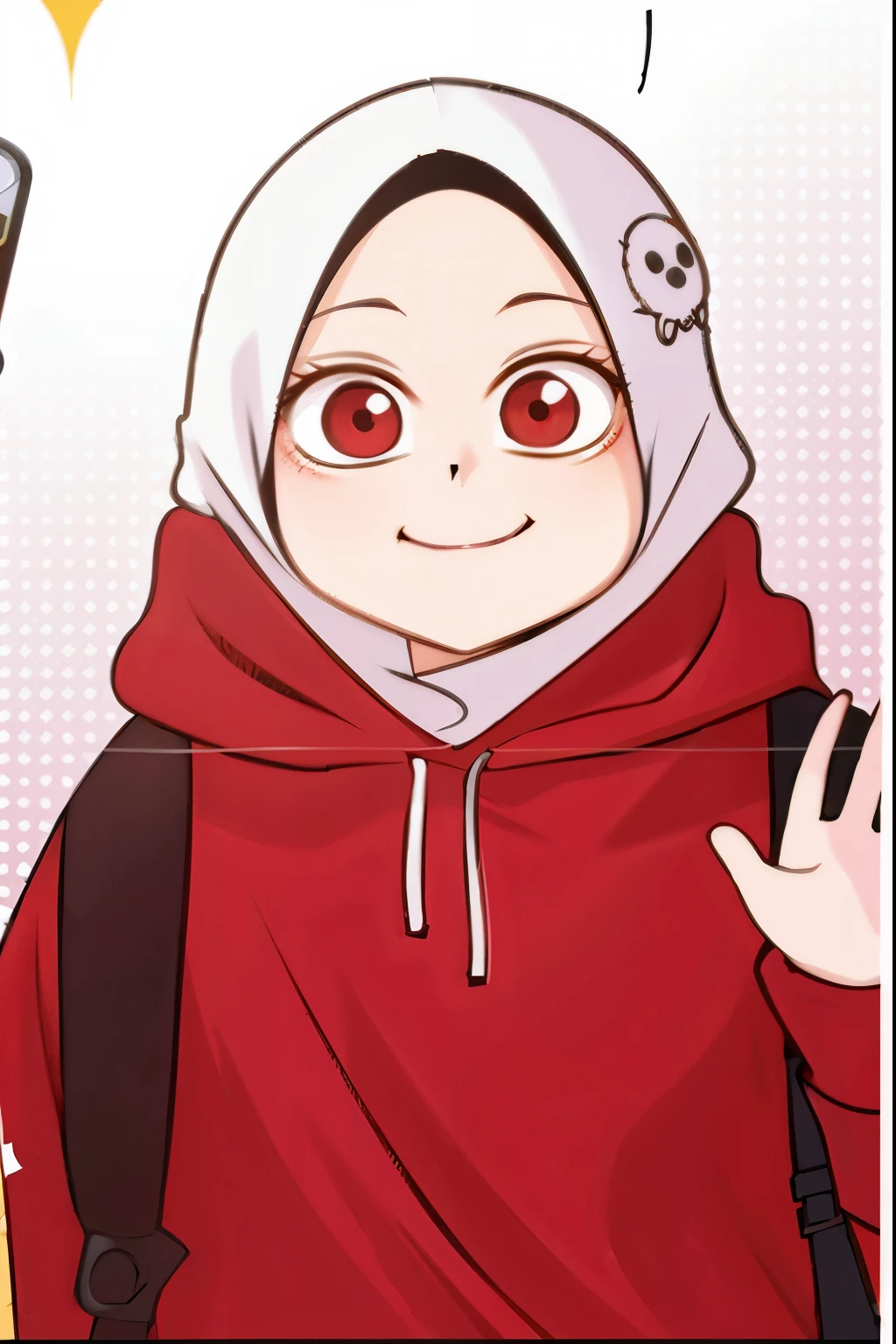 a cartoon picture of a woman with a red hoodie and a cell phone, ((red)) baggy eyes, hannah yata, as an anime character, demon slayer rui fanart, friedly smile, female protagonist 👀 :8, inspired by Puru, wry smirk, [[[[grinning evily]]]], in an anime style