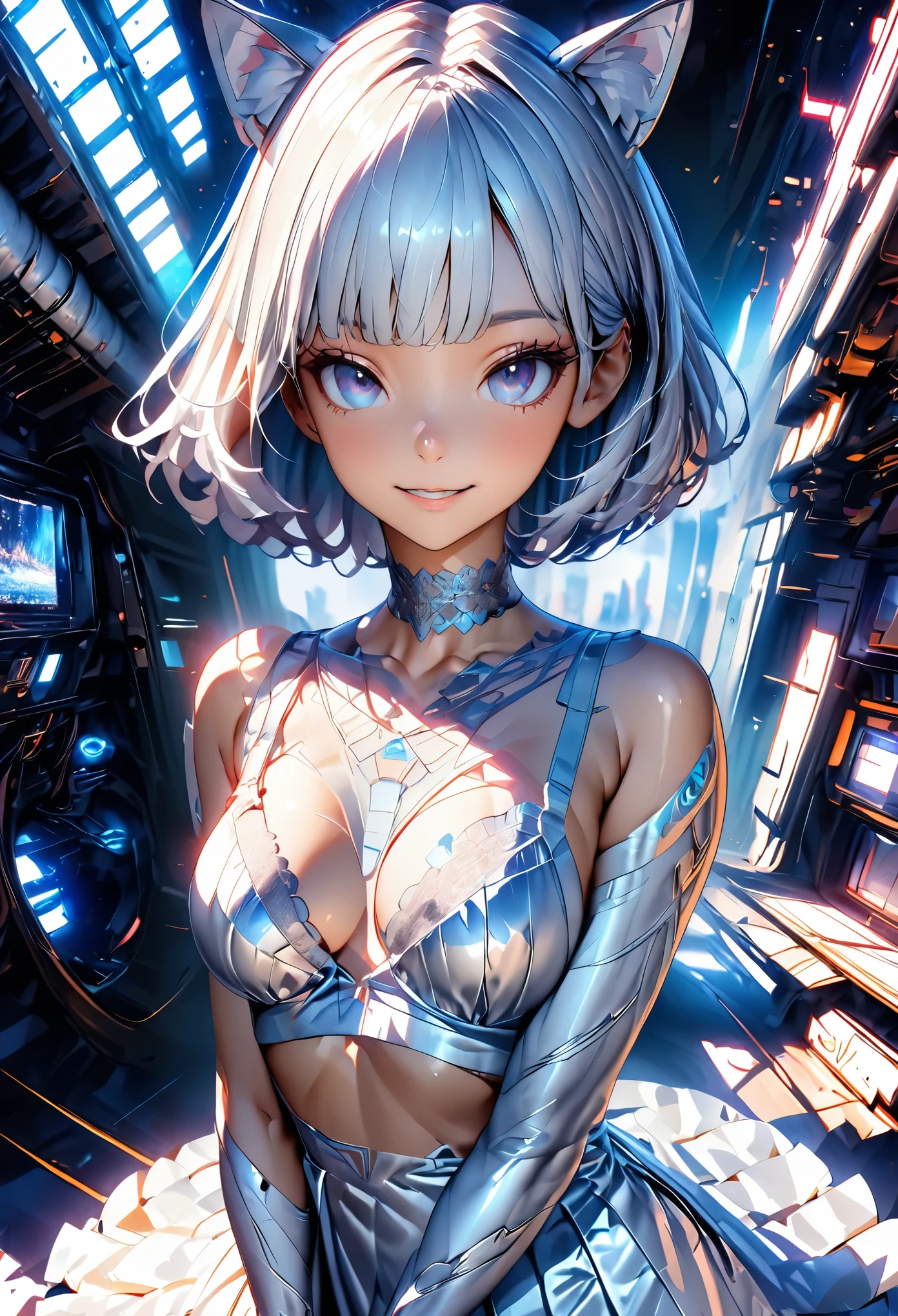 (masterpiece:1.3), (8K、best quality:1.3), (Photorealistic Anime Girl Rendering, ((Draw the outline with a line drawing)), Realistic anime 3D style), (1 girl), (very beautiful  girl), (cute, little:1.3), Symmetrical perfect face, Beautiful light blue bob cut, bangs, intense blue eyes, Eye-catching highlights, Realistic eyes, Beautiful eyelashes, Great smile, Accurate and natural normal size breasts, Perfect Anatomy, Glowing Skin, Highly detailed skin, Silver metallic sleeveless dress, Lace ornament, Exposed shoulders, Decorative choker, Silver long boots, Silk lace bra and panties, Light blue cat ears, Sleek and futuristic headphones, Take a seat in a futuristic space shuttle, Dynamic Angle, Cyberpunk Background, The cockpit instruments and monitors light up., Volumetric lighting, Soft Light, bright, neon, bright色, Create digital artwork in pop art style