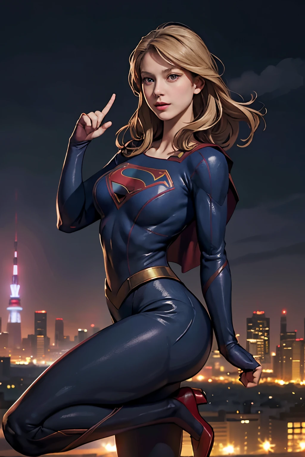 ((highest quality)), ((masterpiece)), (be familiar with), (High definition), (Realistic), (Realistic), (Best Shadow), Low contrast, (Complex:1.4), Side lighting, 8K, ((melissa Benoist)), ((SUPER GIRL)), Perfect Face、Detailed、(Accurate hand and finger depiction)、supergirl women、Blonde、Voluptuous body、big breasts、Narrow waist、Big Ass、Alluring、glamorous、((On all fours))、Tokyo Tower、Night view