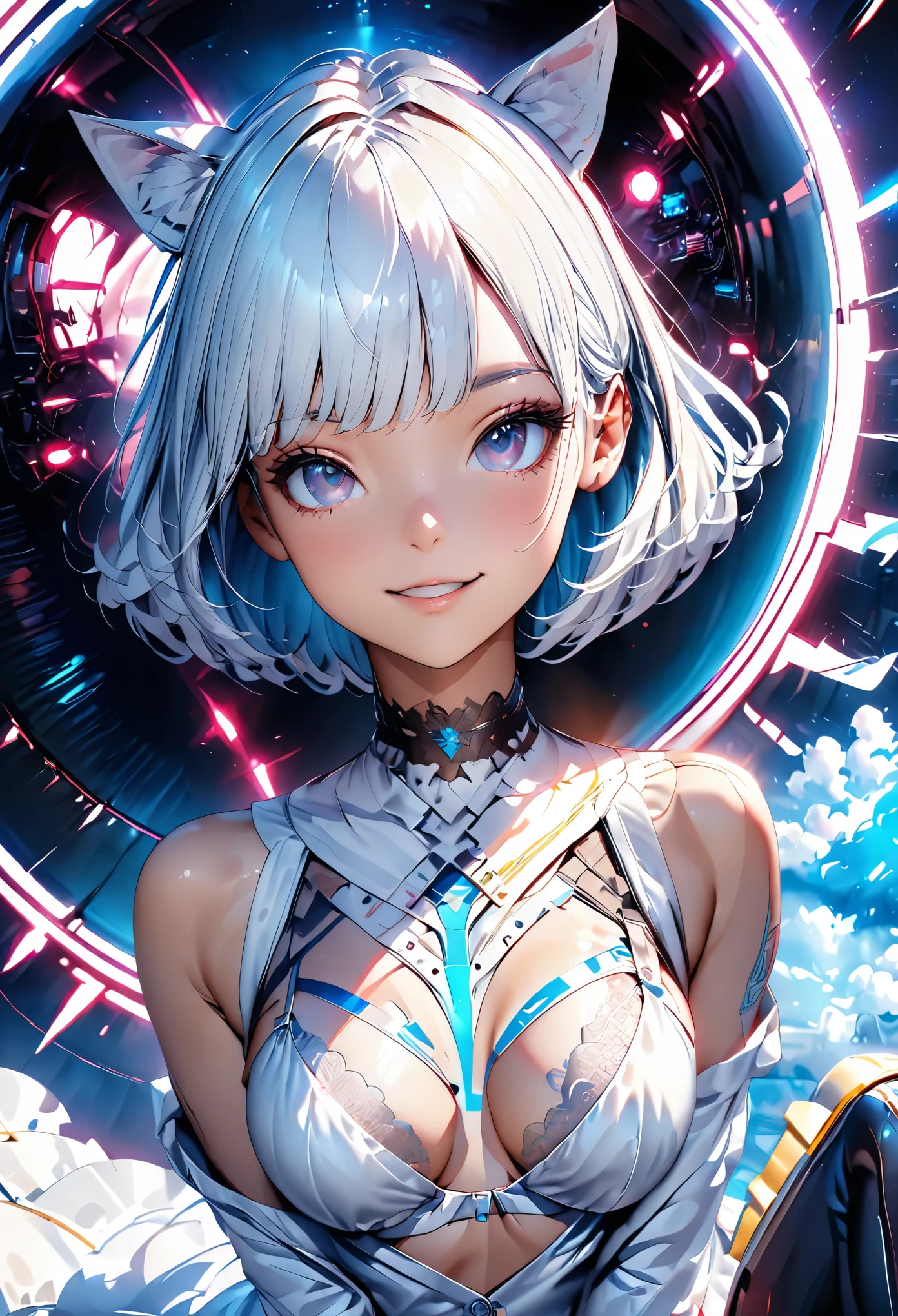 (masterpiece:1.3), (8K、best quality:1.3), (Photorealistic Anime Girl Rendering, ((Draw the outline with a line drawing)), Realistic anime 3D style), (1 girl), (very beautiful girl), (cute, little:1.3), Symmetrical perfect face, Beautiful light blue bob cut, bangs, intense blue eyes, Eye-catching highlights, Realistic eyes, Beautiful eyelashes, Great smile, Accurate and natural normal size breasts, Perfect Anatomy, Glowing Skin, Highly detailed skin, Silver metallic sleeveless dress, Lace ornament, Exposed shoulders, Decorative choker, Silver long boots, Silk lace bra and panties, Light blue cat ears, Sleek and futuristic headphones, Take a seat in a futuristic space shuttle, Dynamic Angle, Cyberpunk Background, The cockpit instruments and monitors light up., Volumetric lighting, Soft Light, bright, neon, bright色, Create digital artwork in pop art style