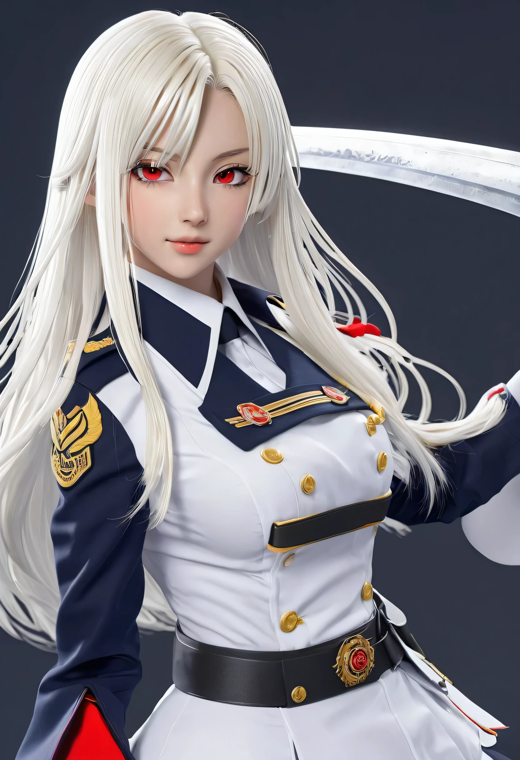 18-year-old female，Milky white long hair，Red Eyes，Long eyelashes，Unbelievably huge breasts，((3D anime style))，Navy uniform，Long sword，