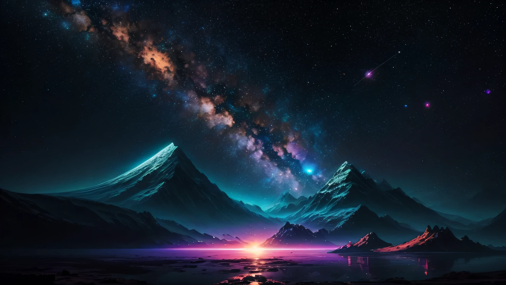 painting of a landscape with a mountain, lake, and planets, utopian galaxy, cosmic landscape, greg beeple, painting of a dreamscape, science fantasy painting, rob mcnaughton, galactic landscape, psychonaut universe, detailed dreamscape, fantasy space, view of the cosmos, science fiction painting, surreal space, fantasy artrealistic painting  