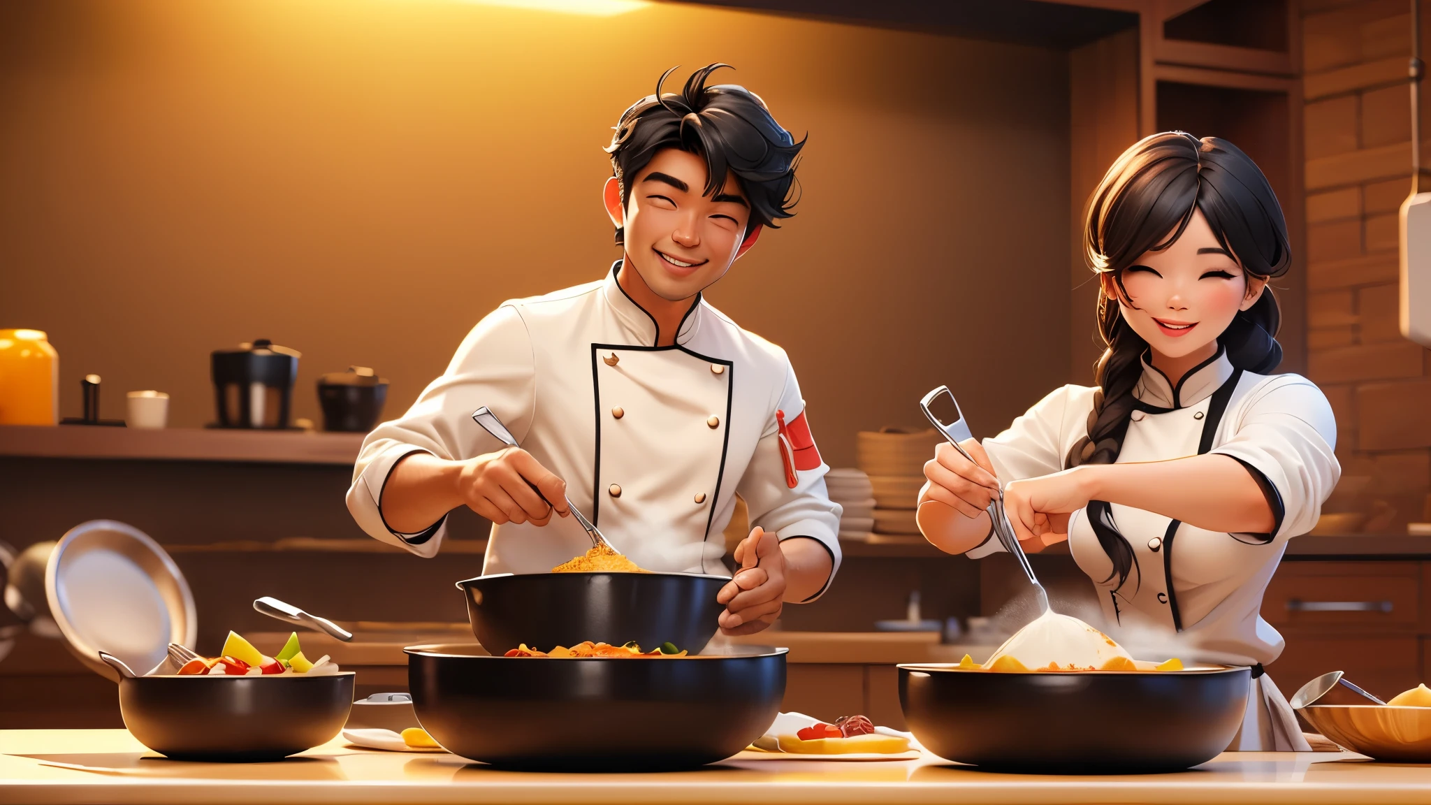 (Best quality, 3D animation :1.2), Masterpiece, Handsome Chef Cooking, Handsome Chinese Chef, Chef Hat, Black hair, Realistic style, realistic 3D animation, Cooking, frying pan, spatula, Clean background, solid color background, delicate ingredients, stainless steel countertop, delicious aroma, skilful cooking skills, delicious seasonings, bright colors, precise movements, Expressive features, a chef with a bright smile, a focused and determined expression, enjoying the process, high quality ingredients, carefully crafted dishes, rich textures and details, dynamic lighting, harmonious tones, wonderful culinary masterpieces.