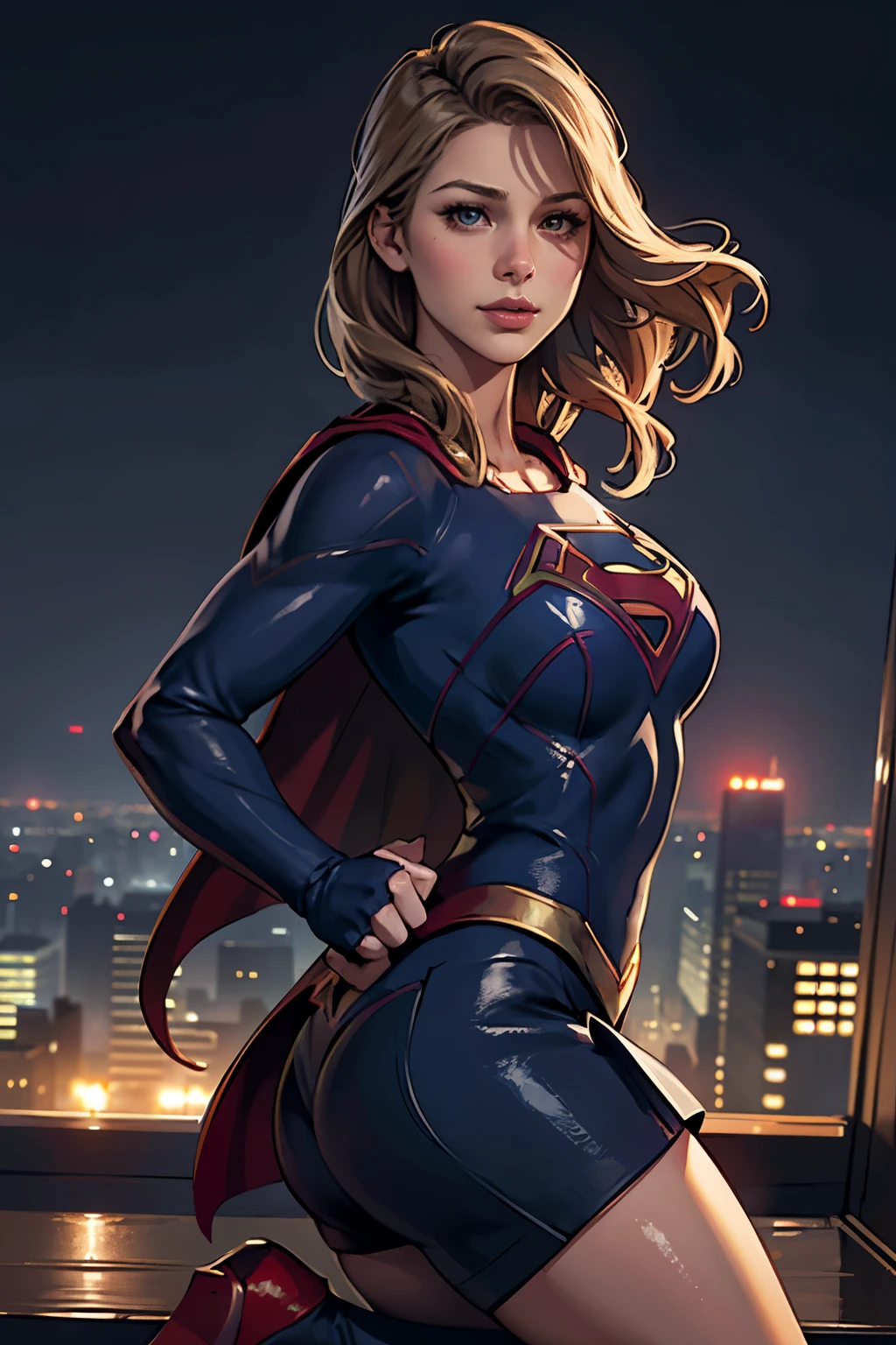 ((highest quality)), ((masterpiece)), (be familiar with), (High definition), (Realistic), (Realistic), (Best Shadow), Low contrast, (Complex:1.4), Side lighting, 8K, ((melissa Benoist)), ((SUPER GIRL)), Perfect Face、Detailed、(Accurate hand and finger depiction)、supergirl women、Blonde、Voluptuous body、big breasts、Narrow waist、Big Ass、Alluring、glamorous、((On all fours))、Tokyo Tower、Night view