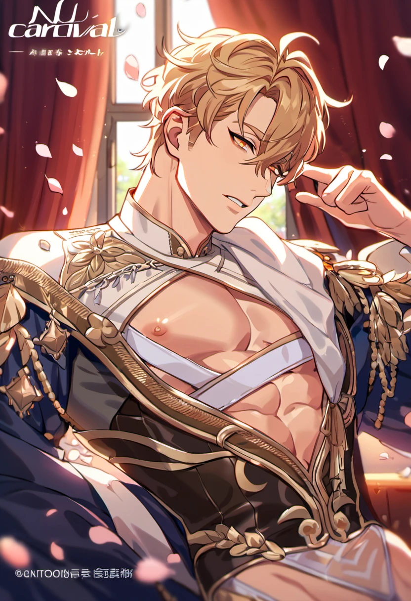 absurdres, highres, ultra detailed, HDR, master piece, best quality, Quincy, blond messy short hair, expressive orange eyes, Nu Carnival, solo, sexy man, handsome, showing the toned chest, black fantasy clothes, window, red curtains, petals, flowers