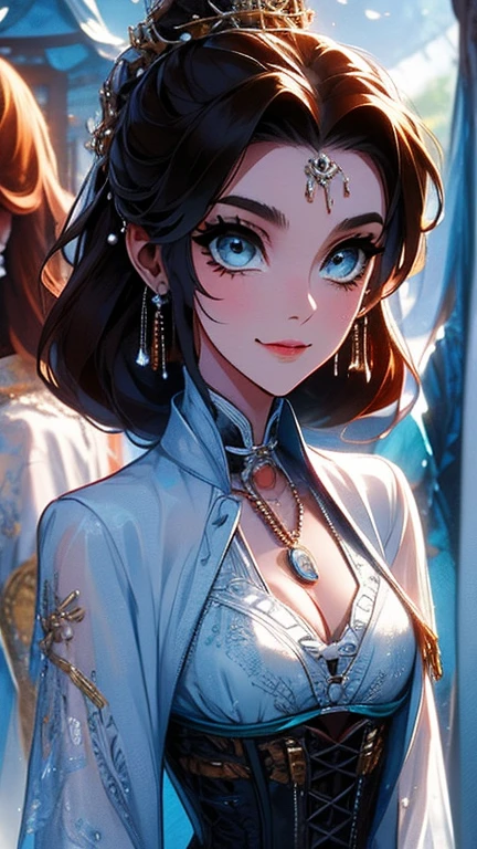 a closeup of a woman wearing a corset dress, armadura de oro y cobre, mechanic, punk doll, banda de oro alrededor de sus pechos