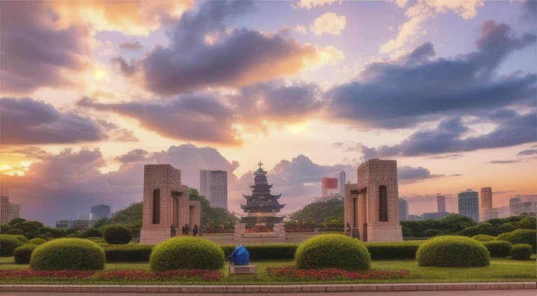 " Beautiful Luxurious city center in Beijing surrounded by a large park in the evening and with temples. The evening scene crowded with vegetation and details, chemin infiniment longue avec plusieurs ponts suspendus et pars. Misty atmosphere in the foreground in the street, des nuages fabuleux et duveteux. Several tourists walk in the background. Wet soil with blurred blurred reflection and movement. Camera seen from ground level, Real colors, Realistic style, 8k, Wide full-plane camera angle, Ultra detailded, High definition photography, Masterpiece, effet de bokeh, realistic depth of field Focal length 1/8 avec 35 mm. Ambience, atmosphere, rayons de soleil, luxuriant, detailed realistic lighting, volumettic light, golden hour. . "