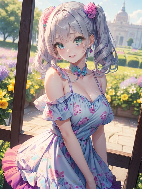 小さなgirl、The arrival of spring、Big Ass、 (alone:1.5,)Very detailed,Bright colors, Very beautiful detailed anime faces and eyes, Look straight ahead, ;d, Shiny_skin,girl, ((Silver long hair,The inner color is red 、forehead is exposed.、Green Eyes、、Shiny hair, Delicate beautiful face, blush、(Turquoise Eyes), White skin, Valletta, Earrings,、blue flower field、(((Pink ruffled dress with floral print、Purple Mini Skirt)))、Twin tails、smile、smile、Face dyed red