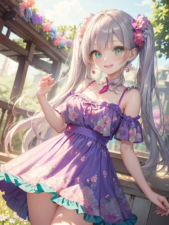 小さなgirl、The arrival of spring、Big Ass、 (alone:1.5,)Very detailed,Bright colors, Very beautiful detailed anime faces and eyes, Look straight ahead, ;d, Shiny_skin,girl, ((long silver hair,The inner color is red 、forehead is exposed.、Green Eyes、、Shiny hair, Delicate beautiful face, blush、(Turquoise Eyes), White skin, Valletta, Earrings,、blue flower field、(((Pink ruffled dress with floral print、Purple Mini Skirt)))、Twin tails、smile、smile、Face dyed red