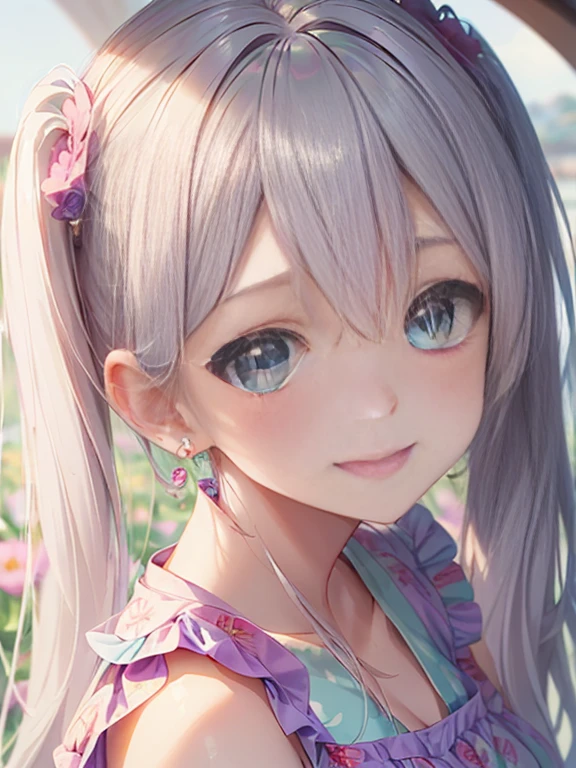 小さなgirl、The arrival of spring、Big Ass、 (alone:1.5,)Very detailed,Bright colors, Very beautiful detailed anime faces and eyes, Look straight ahead, ;d, Shiny_skin,girl, ((long silver hair,The inner color is red 、forehead is exposed.、Green Eyes、、Shiny hair, Delicate beautiful face, blush、(Turquoise Eyes), White skin, Valletta, Earrings,、blue flower field、(((Pink ruffled dress with floral print、Purple Mini Skirt)))、Twin tails、smile、smile、Face dyed red