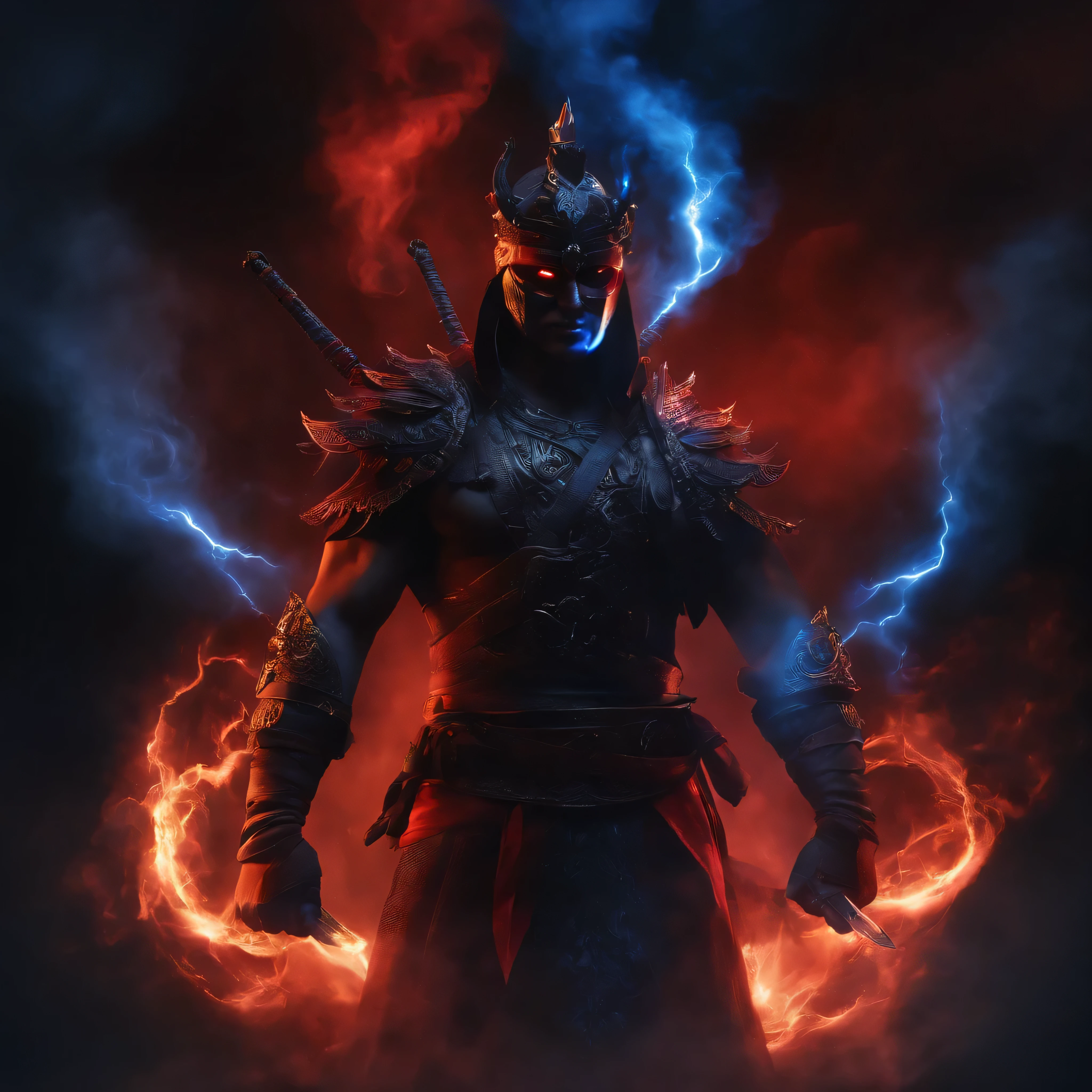 Shadow warrior made up of dark smoke with red fire and blue lightning.