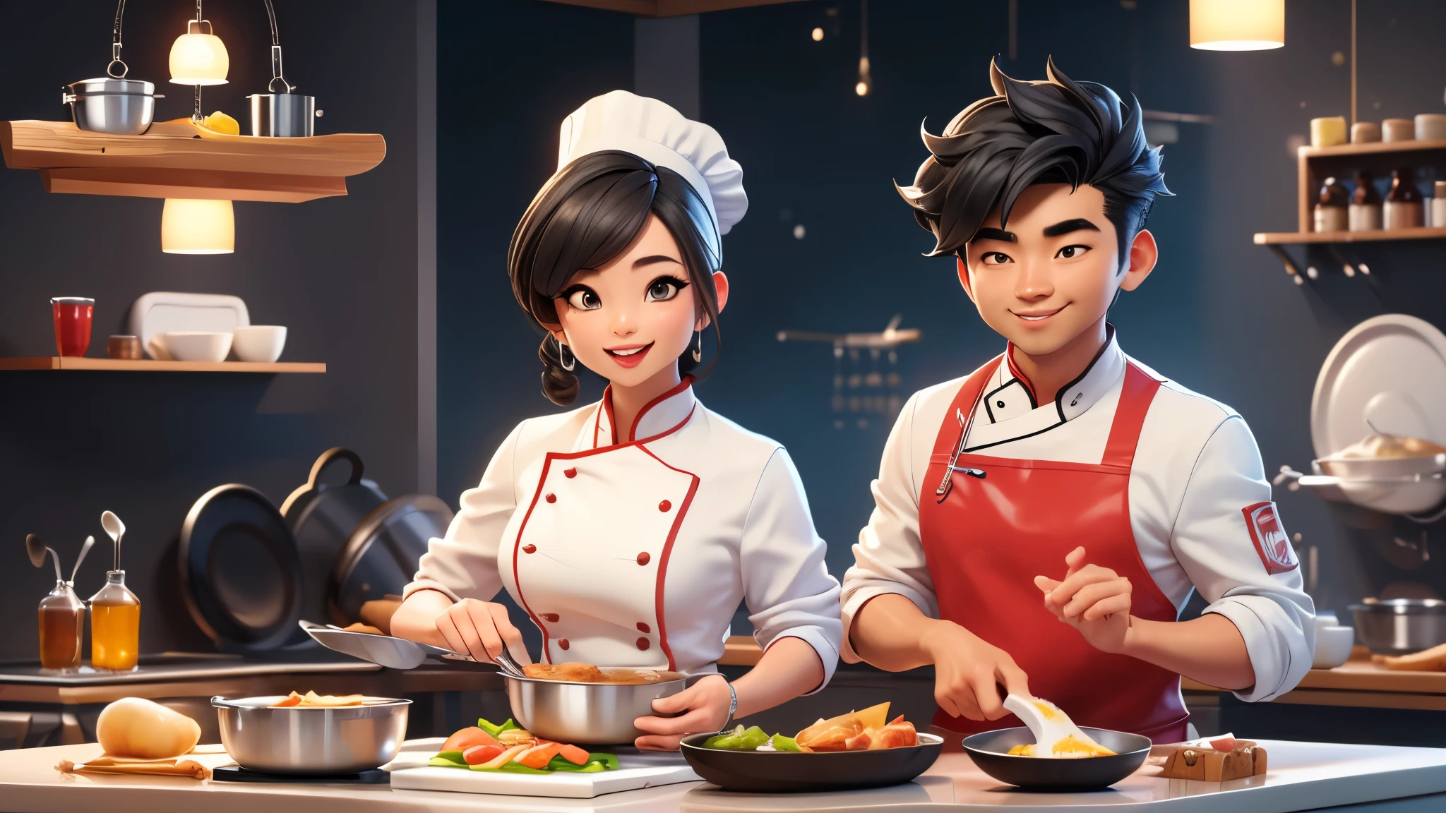 (Best quality, 3D animation :1.2), Masterpiece, Handsome Chef Cooking, Handsome Chinese Chef, Chef Hat, Black hair, Realistic style, realistic 3D animation, Cooking, frying pan, spatula, Clean background, solid color background, delicate ingredients, stainless steel countertop, delicious aroma, skilful cooking skills, delicious seasonings, bright colors, precise movements, Expressive features, a chef with a bright smile, a focused and determined expression, enjoying the process, high quality ingredients, carefully crafted dishes, rich textures and details, dynamic lighting, harmonious tones, wonderful culinary masterpieces.