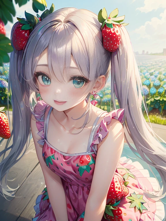 小さなgirl、The arrival of spring、Big Ass、 (alone:1.5,)Very detailed,Bright colors, Very beautiful detailed anime faces and eyes, Look straight ahead, ;d, Shiny_skin,girl, ((long silver hair,The inner color is red 、forehead is exposed.、Green Eyes、、Shiny hair, Delicate beautiful face, blush、(Turquoise Eyes), White skin, Valletta, Earrings,、blue flower field、(((Strawberry print pink ruffle dress、Purple Mini Skirt)))、Twin tails、smile、smile、Face dyed red