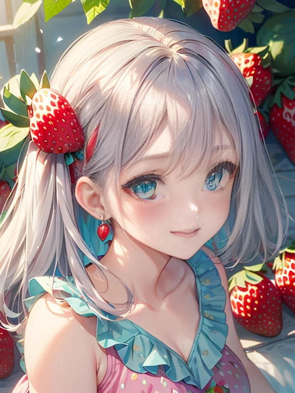 小さなgirl、The arrival of spring、Big Ass、 (alone:1.5,)Very detailed,Bright colors, Very beautiful detailed anime faces and eyes, Look straight ahead, ;d, Shiny_skin,girl, ((long silver hair,The inner color is red 、forehead is exposed.、Green Eyes、、Shiny hair, Delicate beautiful face, blush、(Turquoise Eyes), White skin, Valletta, Earrings,、blue flower field、(((Strawberry print pink ruffle dress、Purple Mini Skirt)))、Twin tails、smile、smile、Face dyed red
