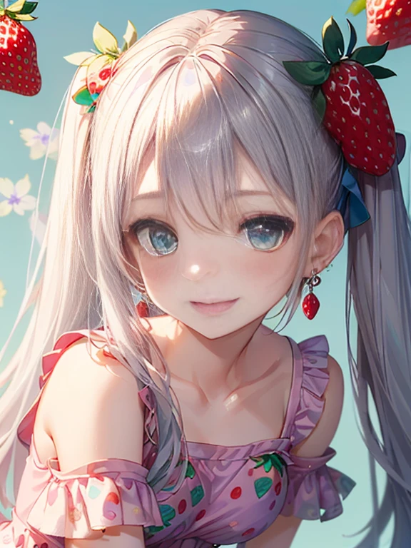 小さなgirl、The arrival of spring、Big Ass、 (alone:1.5,)Very detailed,Bright colors, Very beautiful detailed anime faces and eyes, Look straight ahead, ;d, Shiny_skin,girl, ((long silver hair,The inner color is red 、forehead is exposed.、Green Eyes、、Shiny hair, Delicate beautiful face, blush、(Turquoise Eyes), White skin, Valletta, Earrings,、blue flower field、(((Strawberry print pink ruffle dress、Purple Mini Skirt)))、Twin tails、smile、smile、Face dyed red