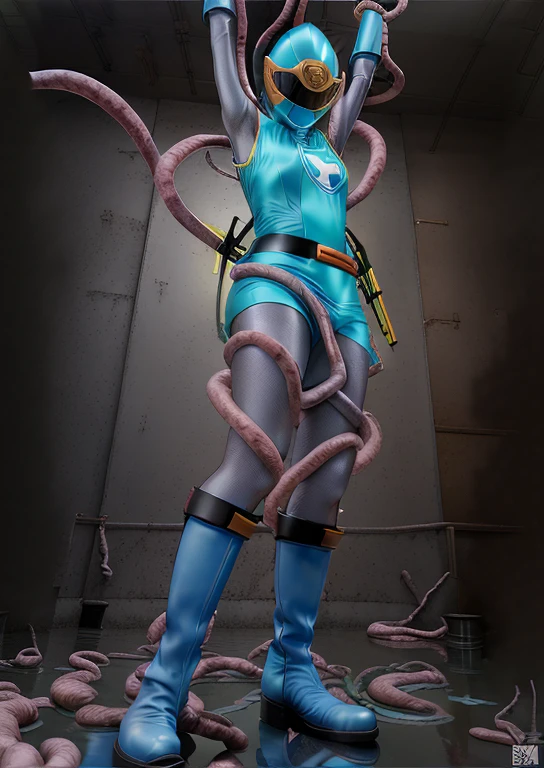 (best quality, masterpiece, RAW photo,ultra-detailed:1.2), 1girl, solo, looking at viewer, ((Hurricane Blue outfit, belt, gloves, helmet, blue spandex vest, blue boots, blue skirt, gray leggings, white gloves)), very large massive breasts, (((spread legs:1.1))),  ((tentacles:1)), tentacle on crotch, nsfw, raised arms, tentacles wrap around body, dark room, eerie light, close up, industrial background, full body, nsfw, bdsm, sex with tentacles, creampied, cumming, whitish liquid streaming from pussy, big puddle of whitish fluid in between thighs