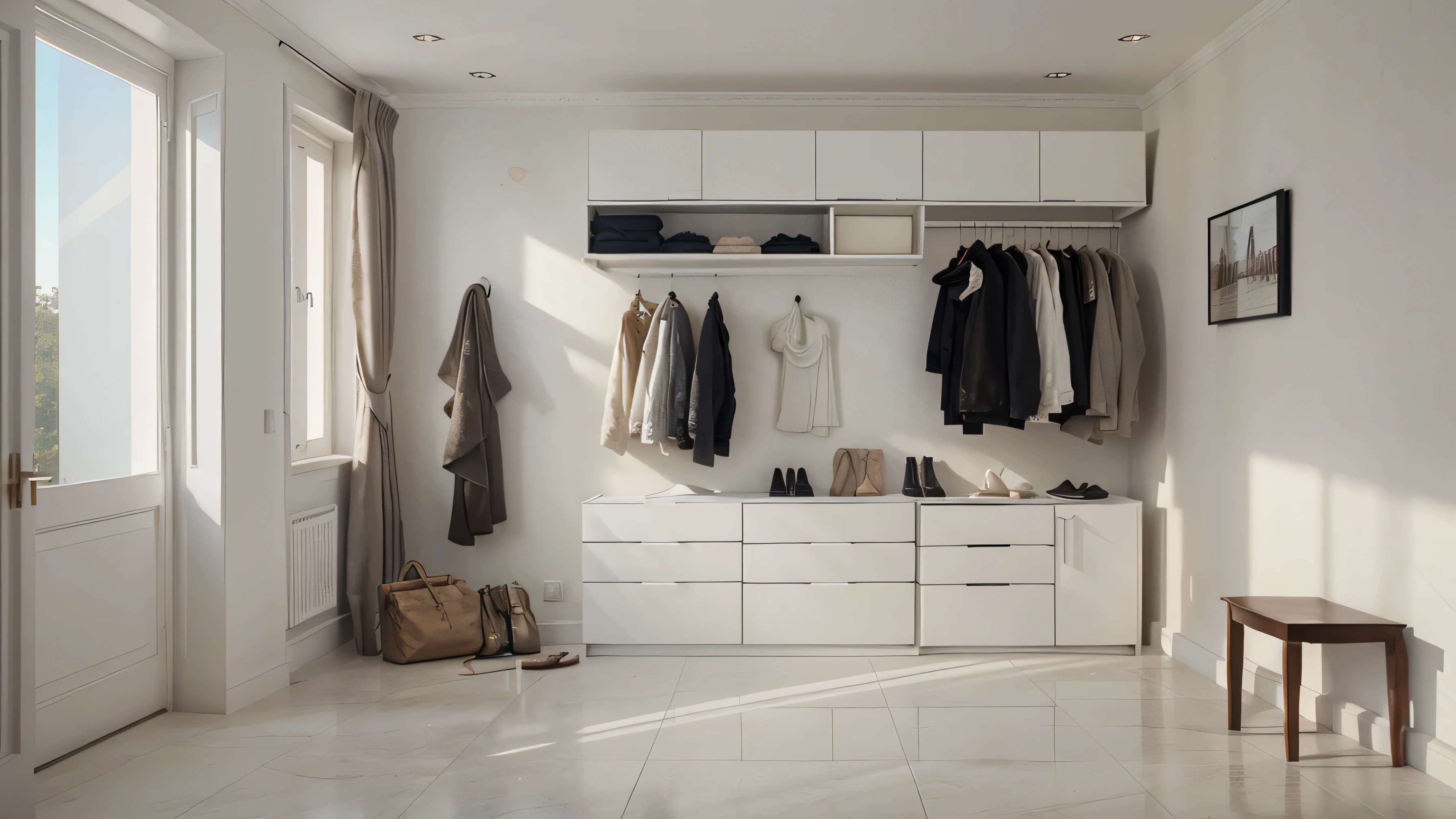 ((best quality)), ((masterpiece)), ((realistic)), a view of a room with a coat rack and a coat rack, jacket hanging on background wall, shoes placed on shelf, handbag, white ceiling and wall, marble floor, archviz, render, product render, 8K Vray Rendering, crown render, vray render, vrayed render, render in vray, 8k render vray, vray tracing, senital light, V-ray render, Modern minimalist design, V - Ray render