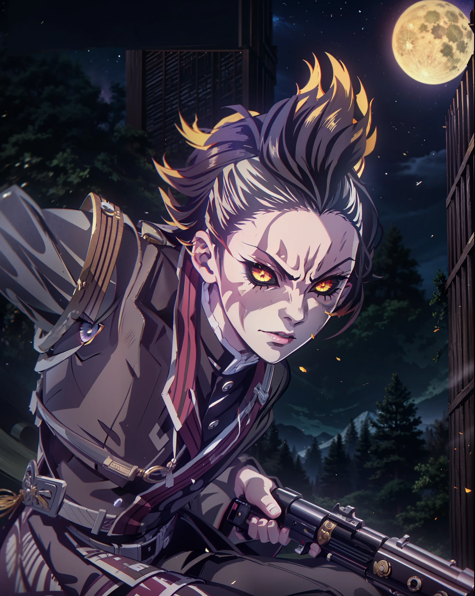 (masterpiece, best quality:1.2), kimetsu no yaiba style, Genya Shinazugawa, (1boy, solo), 18years old, black mohawk hair, horizontal scar on nose, black sclera, (angry expression, shout), demon slayer uniform, (holding shot gun, Remington), (looking at viewer, aiming at viewer), forest background, (night sky, full moon)