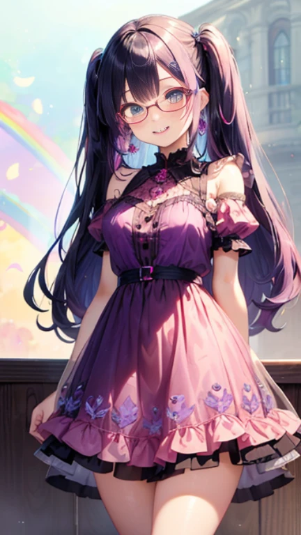 小さなgirl、Glasses、petal、Thick thighs、Big Ass、 (alone:1.5,)Very detailed,Bright colors, Very beautiful detailed anime faces and eyes, Look straight ahead, Shiny_skin,girl,(((long hair、Rainbow Hair, Colorful Hair, Half black、Half pink hair: 1.2))) 、forehead is exposed.、Shiny hair, Delicate beautiful face, blush、(Turquoise Eyes), White skin, Valletta, Earrings,、blue flower field、(((See-through、Pink ruffled dress with grape pattern、Purple Mini Skirt)))、Twin tails、smile、smile、Face dyed red