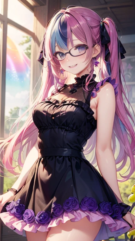 小さなgirl、Glasses、petal、Thick thighs、Big Ass、 (alone:1.5,)Very detailed,Bright colors, Very beautiful detailed anime faces and eyes, Look straight ahead, Shiny_skin,girl,(((long hair、Rainbow Hair, Colorful Hair, Half black、Half pink hair: 1.2))) 、forehead is exposed.、Shiny hair, Delicate beautiful face, blush、(Turquoise Eyes), White skin, Valletta, Earrings,、blue flower field、(((See-through、Pink ruffled dress with grape pattern、Purple Mini Skirt)))、Twin tails、smile、smile、Face dyed red