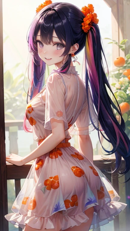 小さなgirl、Glasses、petal、Thick thighs、Big Ass、 (alone:1.5,)Very detailed,Bright colors, Very beautiful detailed anime faces and eyes, Look straight ahead, Shiny_skin,girl,(((long hair、Rainbow Hair, Colorful Hair, Half black、Half pink hair: 1.2))) 、forehead is exposed.、Shiny hair, Delicate beautiful face, blush、(Turquoise Eyes), White skin, Valletta, Earrings,、blue flower field、(((See-through、Pink ruffled dress with mandarin orange print、Purple Mini Skirt)))、Twin tails、smile、smile、Face dyed red