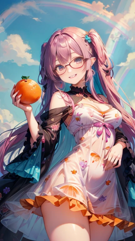 小さなgirl、Glasses、petal、Thick thighs、Big Ass、 (alone:1.5,)Very detailed,Bright colors, Very beautiful detailed anime faces and eyes, Look straight ahead, Shiny_skin,girl,(((long hair、Rainbow Hair, Colorful Hair, Half black、Half pink hair: 1.2)))  、forehead is exposed.、Shiny hair, Delicate beautiful face, blush、(Turquoise Eyes), White skin, Valletta, Earrings,、blue flower field、(((See-through、Pink ruffled dress with mandarin orange print、Purple Mini Skirt)))、Twin tails、smile、smile、Face dyed red