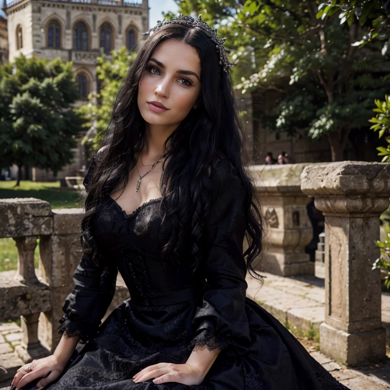 1 woman, European face, European eyes, dancing in a medieval town, ultra detailed face and eyes, hyperrealistic, detailed representation, long black hair, pretty face, 30 years old, wearing a long black baroque dress, she is sitting in the park,  gothic Style 