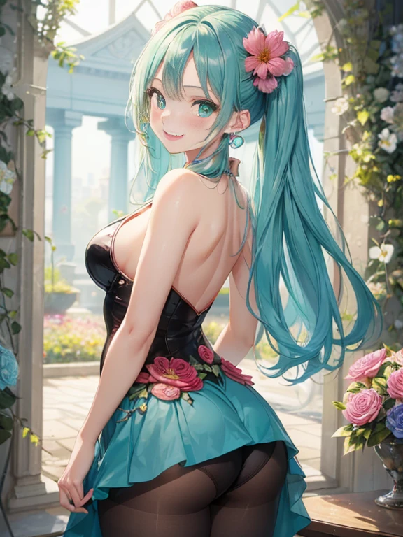 小さなgirl、Face photo、Face up、The arrival of spring、Big Ass、 (alone:1.5,)Very detailed,Bright colors, Very beautiful detailed anime faces and eyes, Look straight ahead, ;d, Shiny_skin,girl, ((Turquoise long hair,The inner color is red 、forehead is exposed.、Green Eyes、、Shiny hair, Delicate beautiful face, blush、(Turquoise Eyes), White skin, Valletta, Earrings,、blue flower field、(((Floral pink.one piece)))、Twin tails、smile、smile、Face dyed red、Face-centered、pantyhose