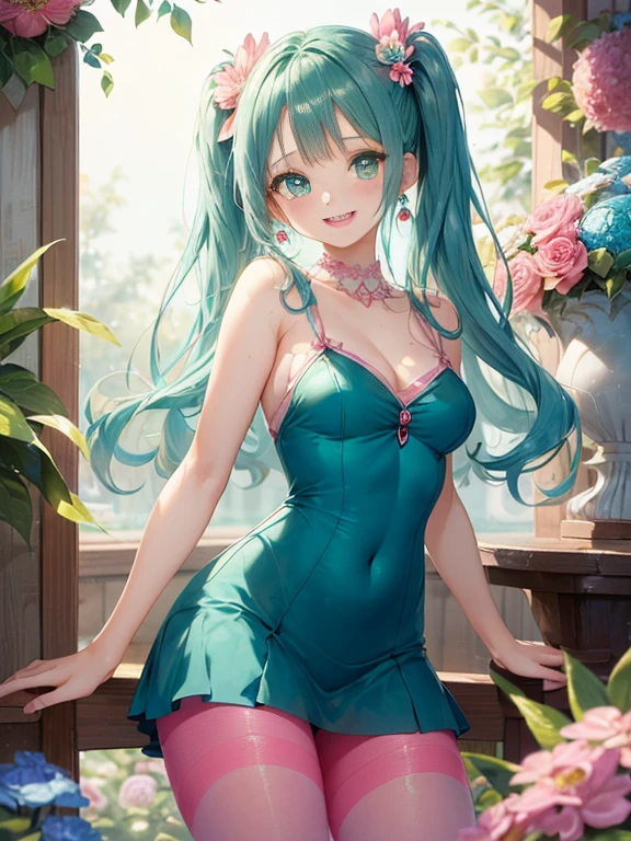 小さなgirl、Face photo、Face up、The arrival of spring、Big Ass、 (alone:1.5,)Very detailed,Bright colors, Very beautiful detailed anime faces and eyes, Look straight ahead, ;d, Shiny_skin,girl, ((Turquoise long hair,The inner color is red 、forehead is exposed.、Green Eyes、、Shiny hair, Delicate beautiful face, blush、(Turquoise Eyes), White skin, Valletta, Earrings,、blue flower field、(((Floral pink.one piece)))、Twin tails、smile、smile、Face dyed red、Face-centered、pantyhose